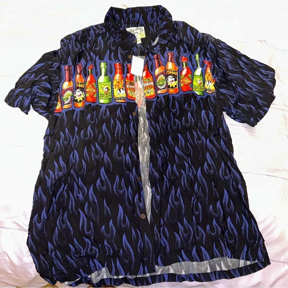 Big Dogs Shirt Mens Blue Flame Short Sleeve Hot Sauce Bottle Y2K Island